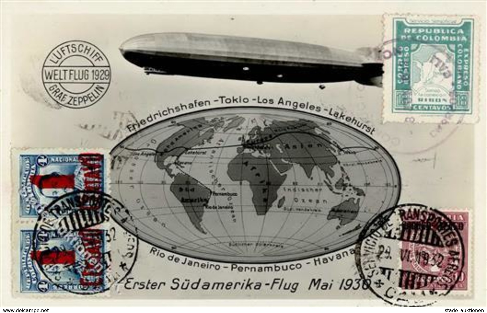 Flugpost, 1932, Kolumbien-Scadta, CALI 29.VI.32", K1 Auf 3 Marken Mit Kolumbien 18 C Grün Auf Zeppelin-Fotokarte (Weltfl - Other & Unclassified