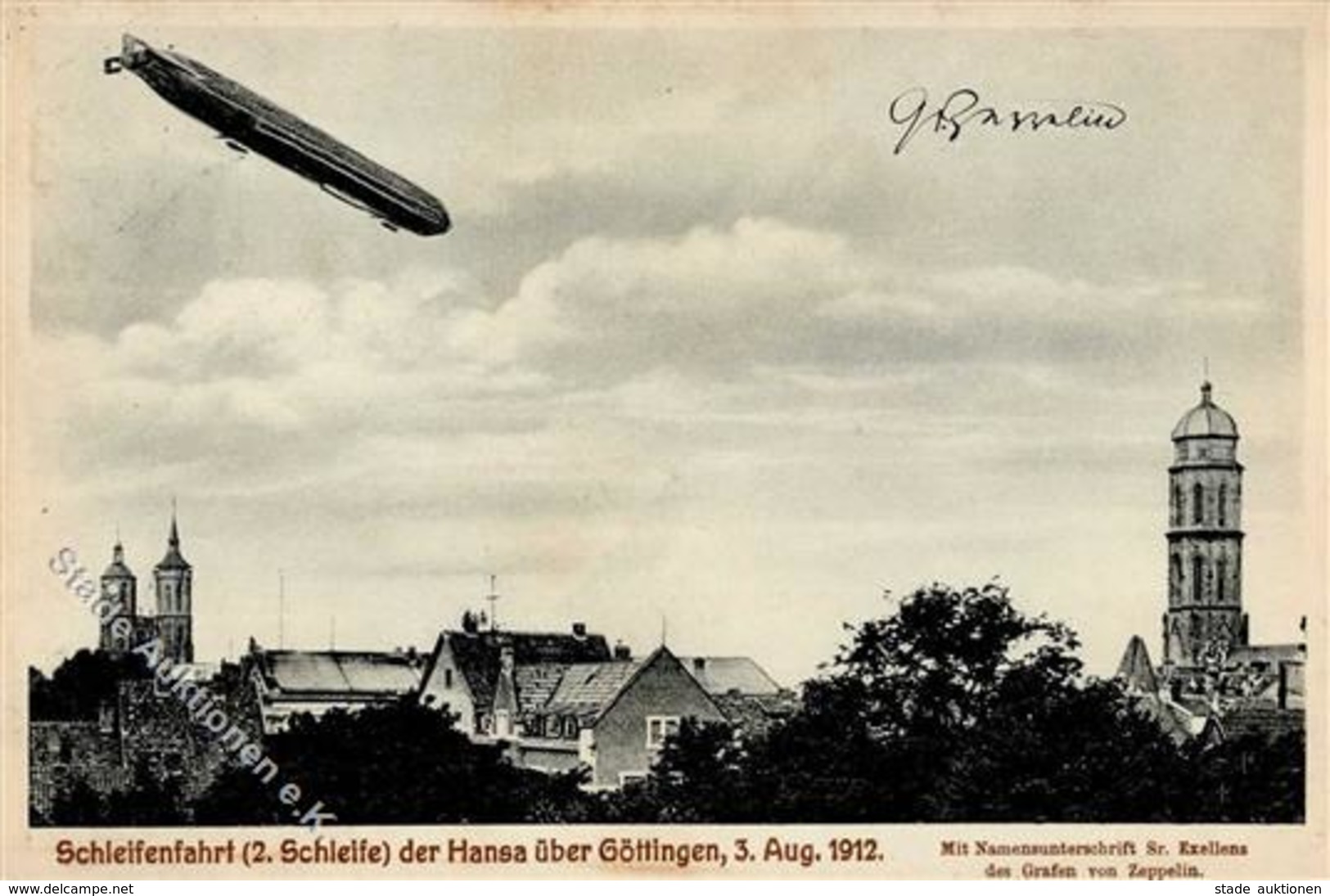Göttingen (3400) Schleifenfahrt Zeppelin Hansa 3.8.1912 Unterschrift Graf Von Zeppelin  1914 II (Stauchung) Dirigeable - Zeppeline