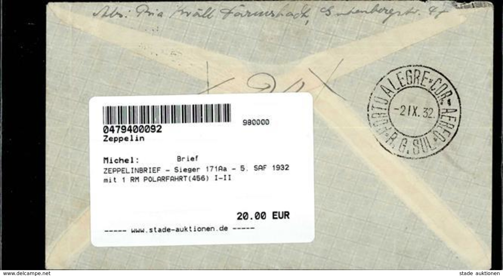 ZEPPELINBRIEF - Sieger 171Aa - 5. SAF 1932 Mit 1 RM POLARFAHRT(456) I-II - Dirigeables