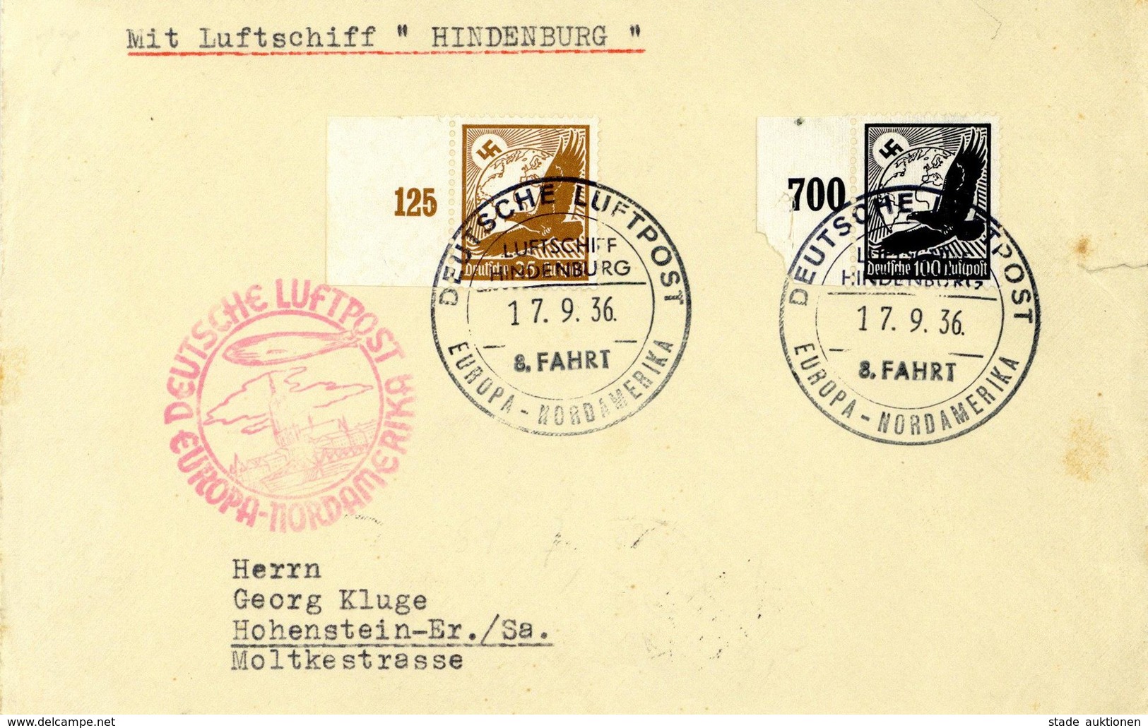 Zeppelinpost 1936 8. Nordamerikafahrt Brief Mit Luftschiff Hindenburg über New York Nach Hohenstein-Ernstthal, Seitliche - Zeppeline