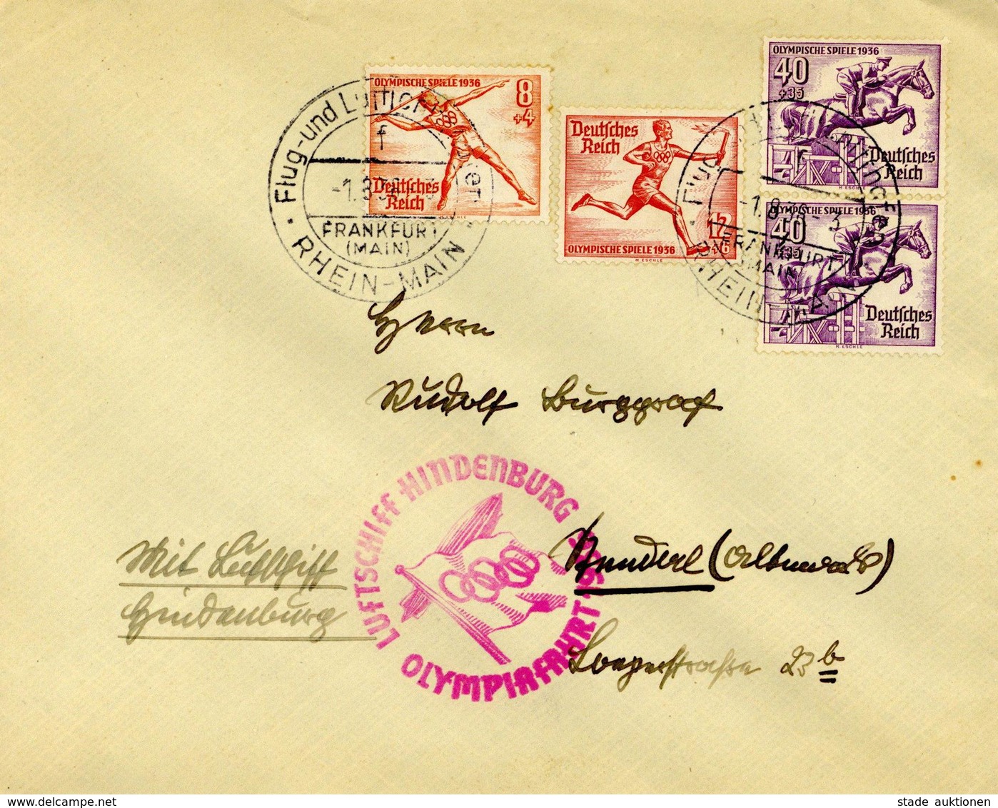 Zeppelinpost 1936 Olympiafahrt Brief Mit 8 Pfennig Rot, 12 Pfennig Rot Und 2x40 Pfennig Violett Olympiamarken Vom Rhein- - Zeppeline