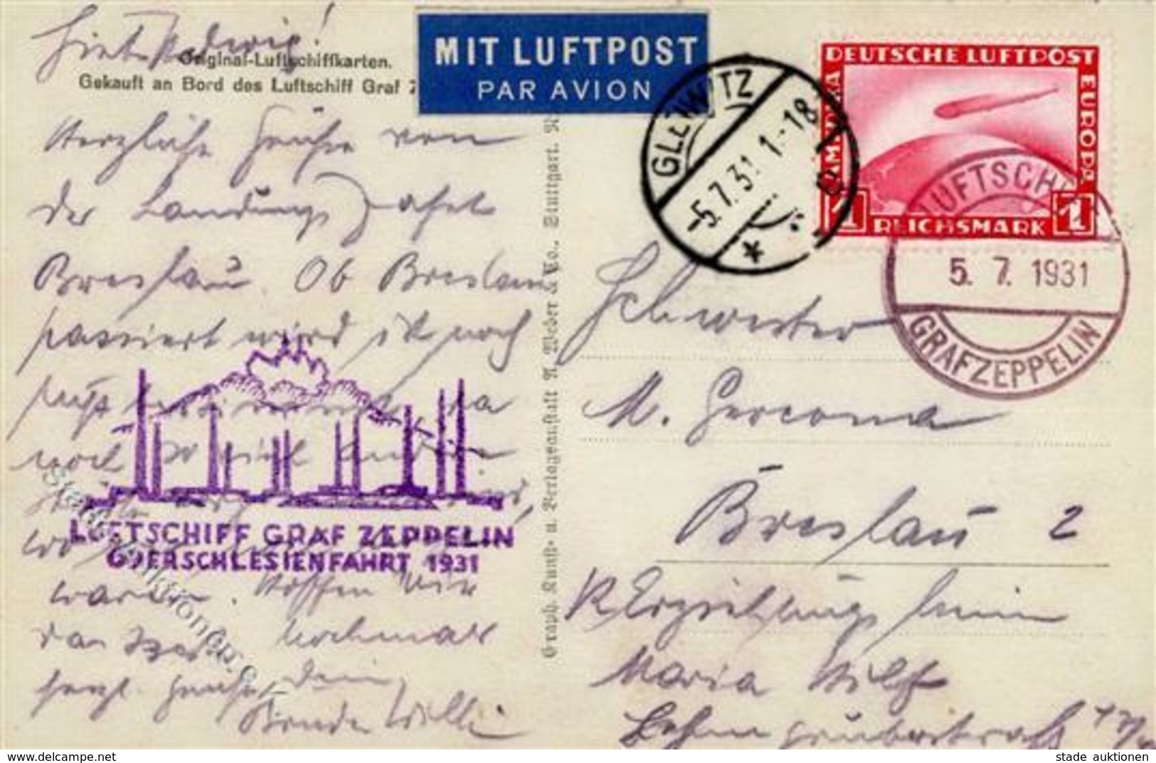 Zeppelinpost Stpl. Luftschiff Graf Zeppelin Oberschlesienfahrt 1931 U. Luftschiff Graf Zeppelin  I-II Dirigeable Dirigea - Dirigeables