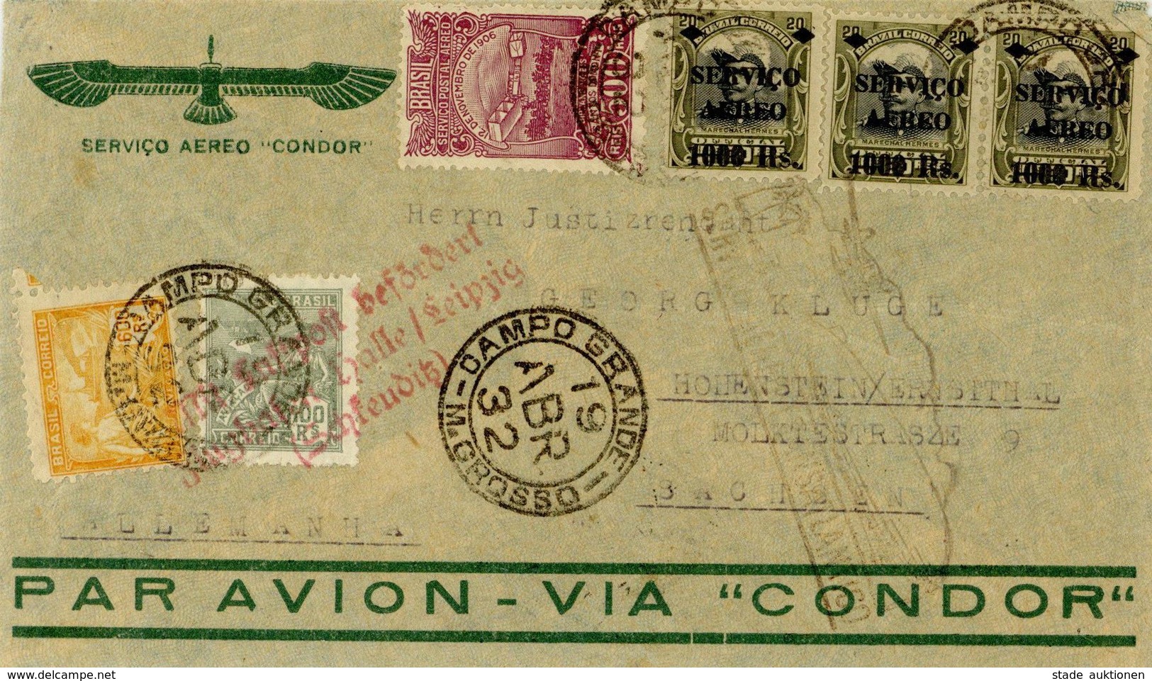 Zeppelinpost, 1932 3. Südamerikafahrt Brasilianische Post Von Matto Grosso über Pernambuco Und Friedrichshafen Sowie Flu - Zeppeline