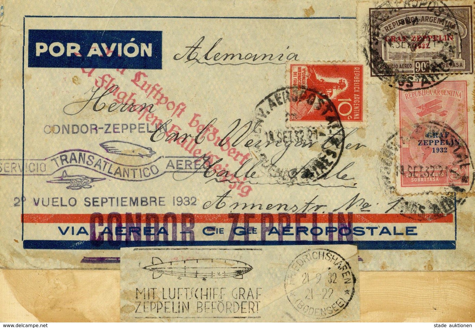 Zeppelinpost, 1932 6. Südamerikafahrt Argentinische Post Von Buenos Aires über Friedrichshafen Sowie Flughafen Halle/Lei - Dirigeables