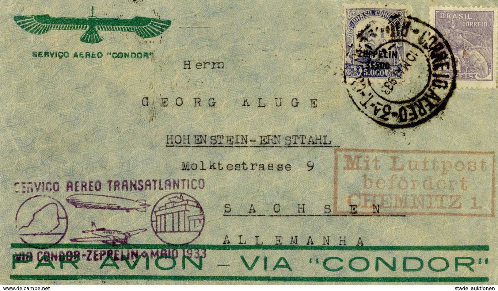 Zeppelinpost, 1933 1. Südamerikafahrt Brasilianische Post Von Matto Grosso Aires über Friedrichshafen Sowie Flughafen Ch - Dirigeables