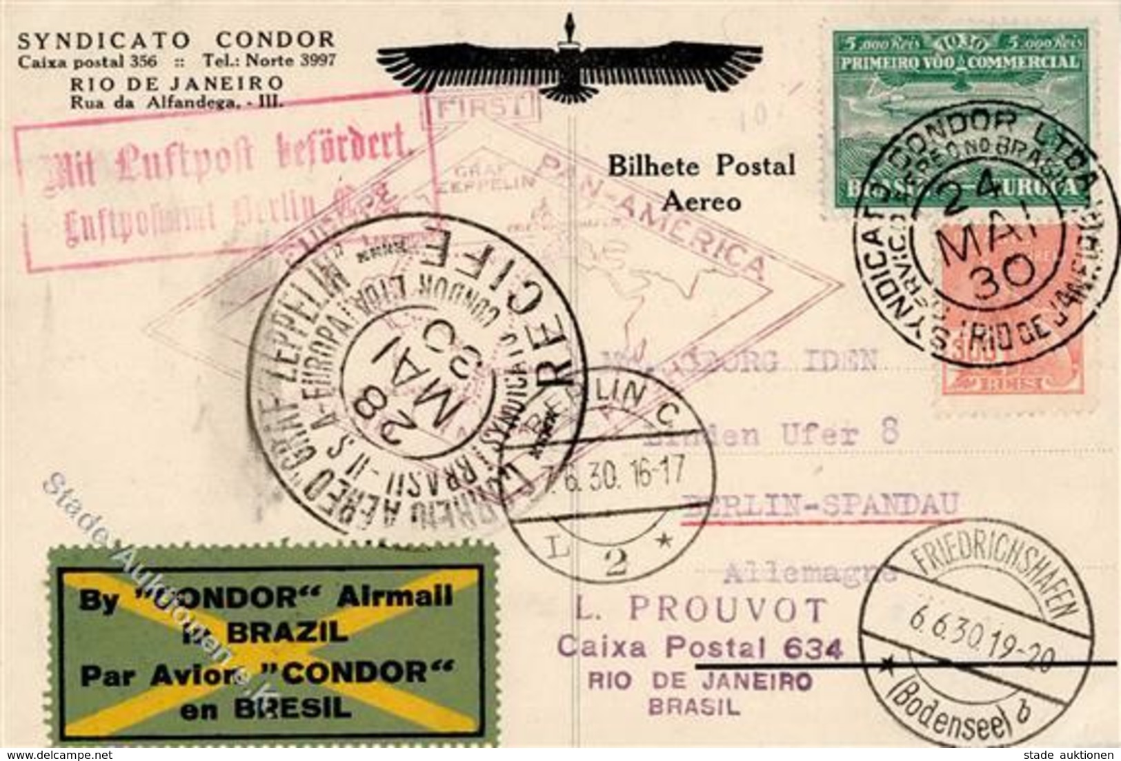 Zeppelinpost, Brasilien 1930, Si.59A, 5.000 Rs. Grün Mit Zusatz, Farbige Condorkarte, Best. Stpl. RECIFE 28 MAI 30", Ak. - Dirigeables