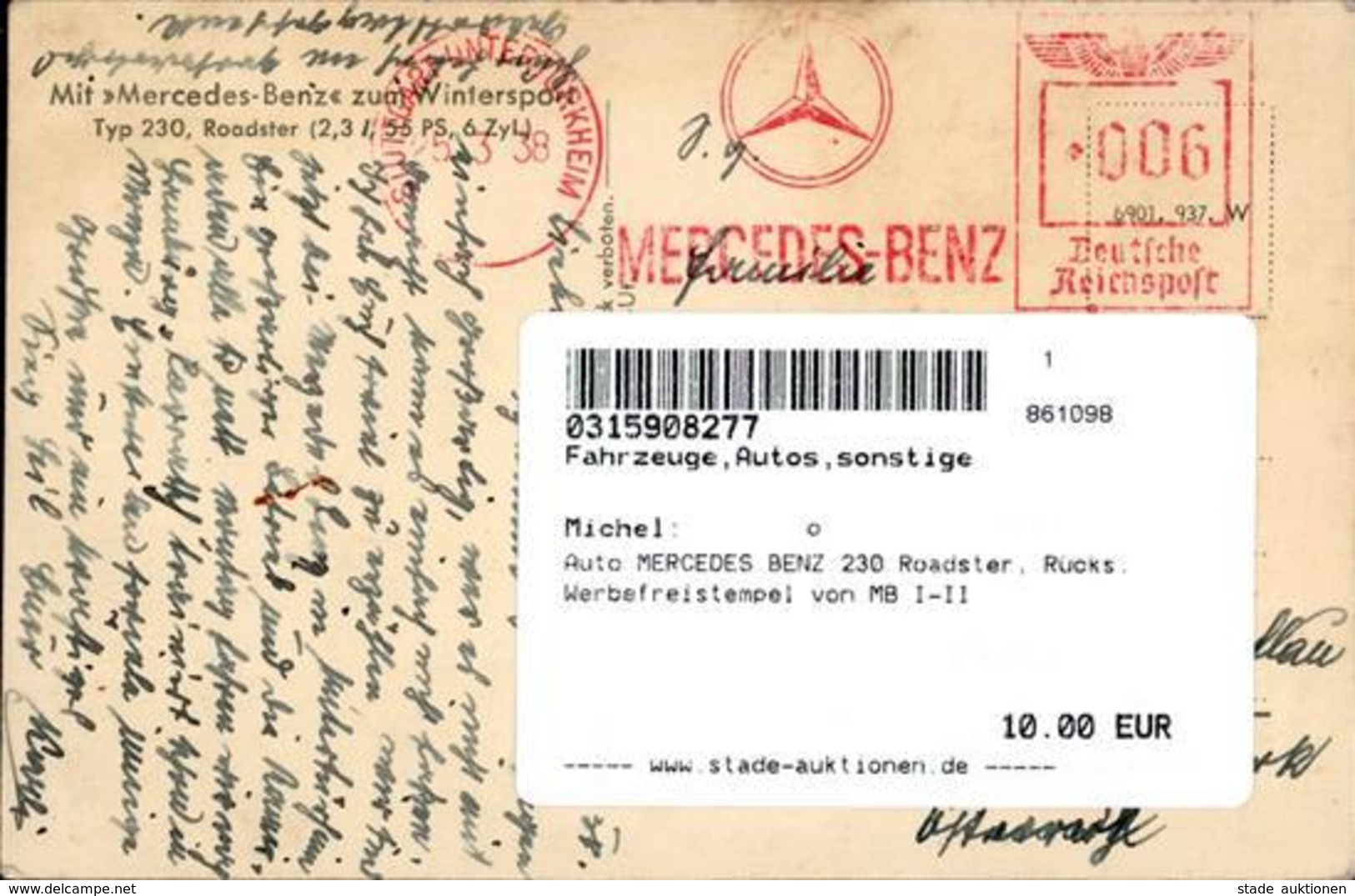 Auto MERCEDES BENZ 230 Roadster, Rücks. Werbefreistempel Von MB I-II - Other & Unclassified