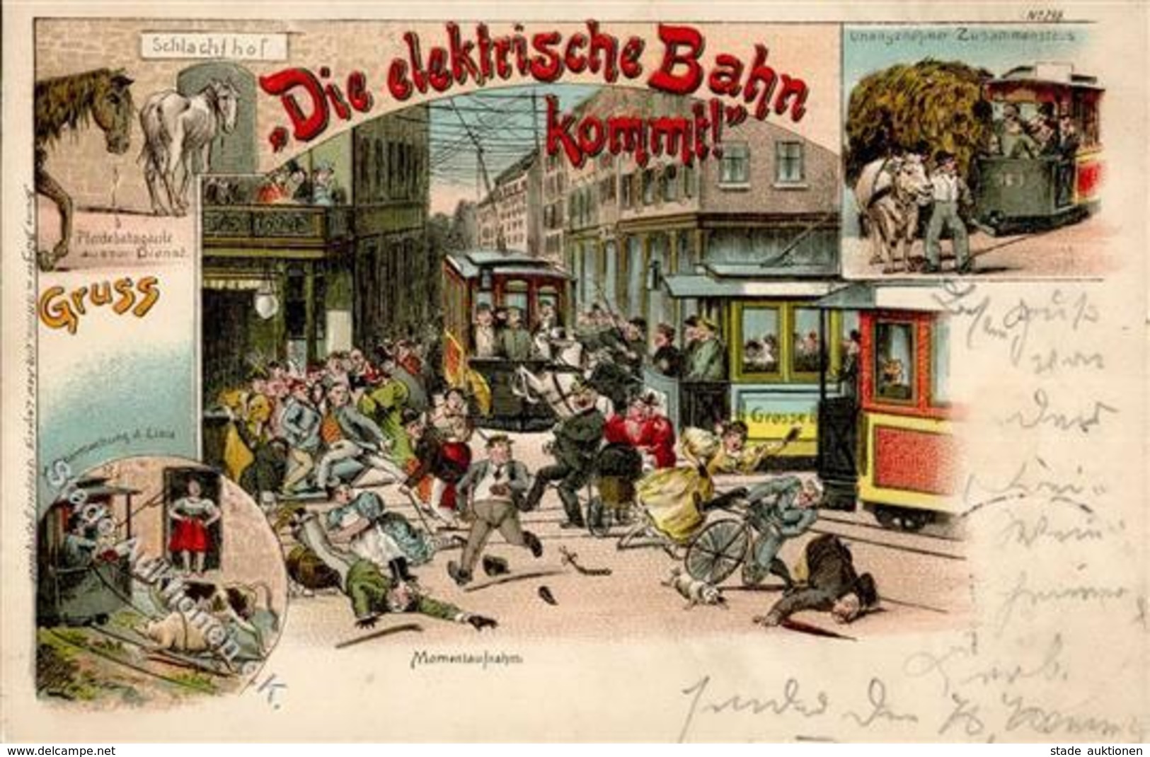 Straßenbahn Die Elektrische Kommt  Lithographie 1898 I-II - Tramways