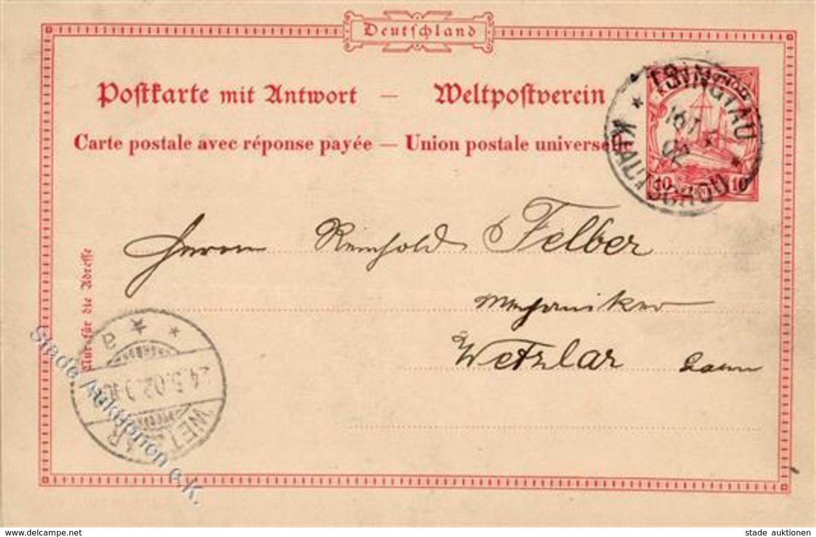 Kolonien KIAUTSCHOU - Doppel-GSK P 4 Mit O Tsingtau 1902 Nach Wetzlar Ank-o I Colonies - Asien