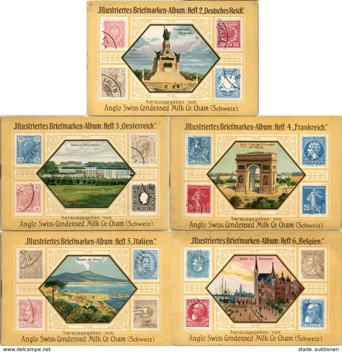 Postwesen Lot Mit 5 Illustrierten Briefmarken Alben Leer Von Anglo Swiss Condensed Milk Co. Cham I-II - Postal Services