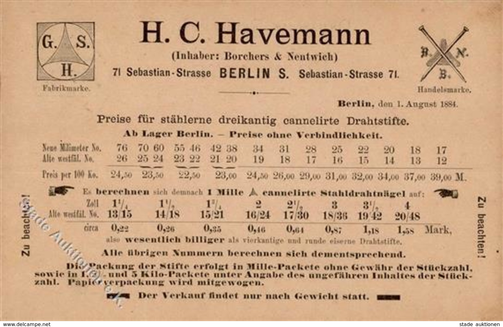 Vorläufer Berlin Mitte (1000) H. C. Havemann Stahl Dratstifte 1884 I-II - Other & Unclassified