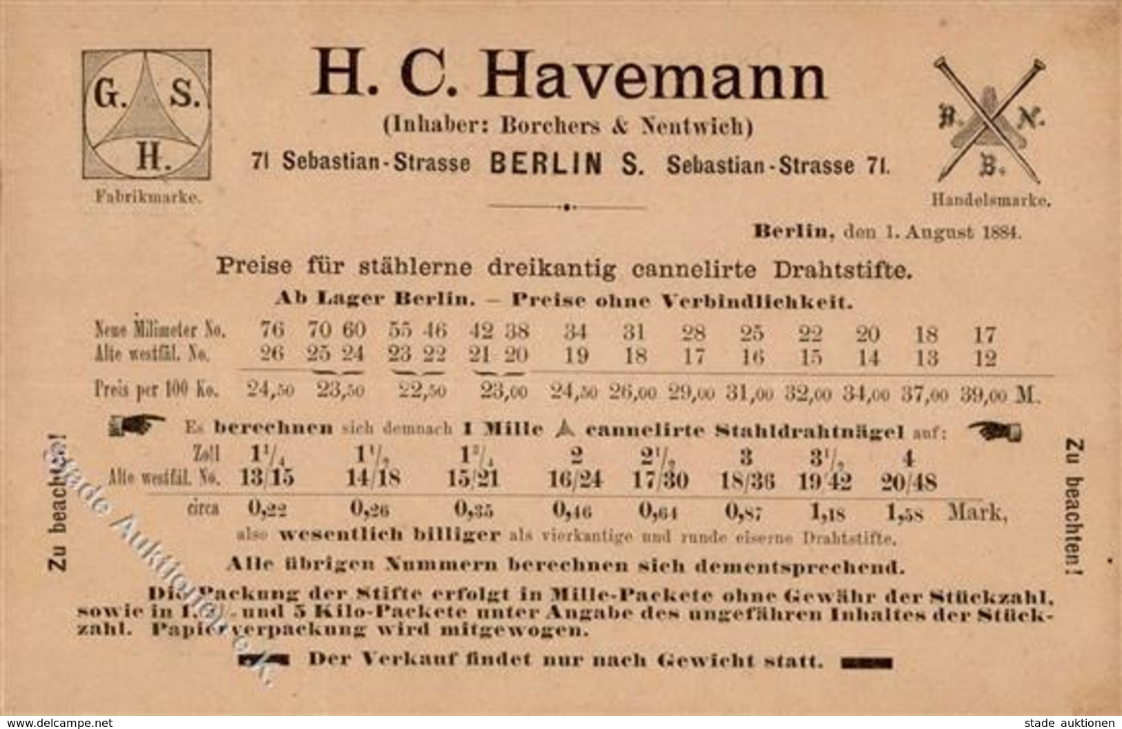 Vorläufer Berlin Mitte (1000) H. C. Havemann Stahl Dratstifte 1884 I-II - Sonstige & Ohne Zuordnung