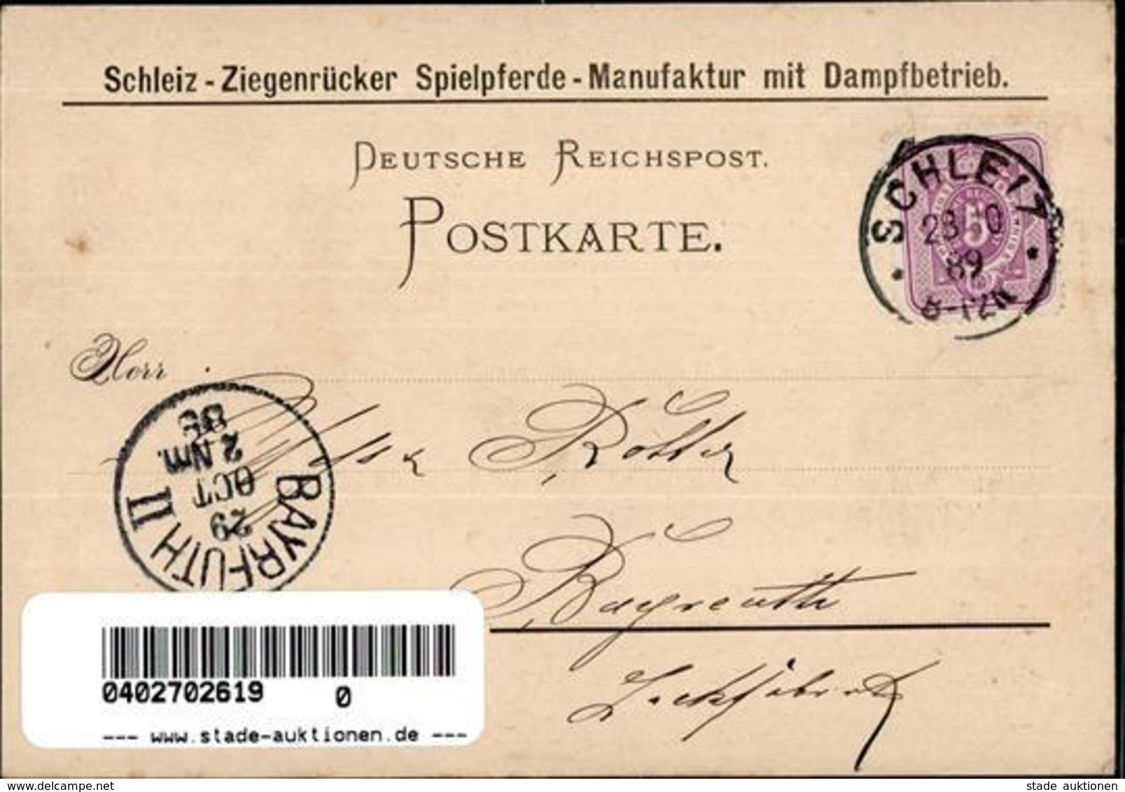 Vorläufer Schleiz (O6550) Schleiz Ziegenrücker Spielpferde Manufactur Felix Graeffer 1889 I-II - Sonstige & Ohne Zuordnung