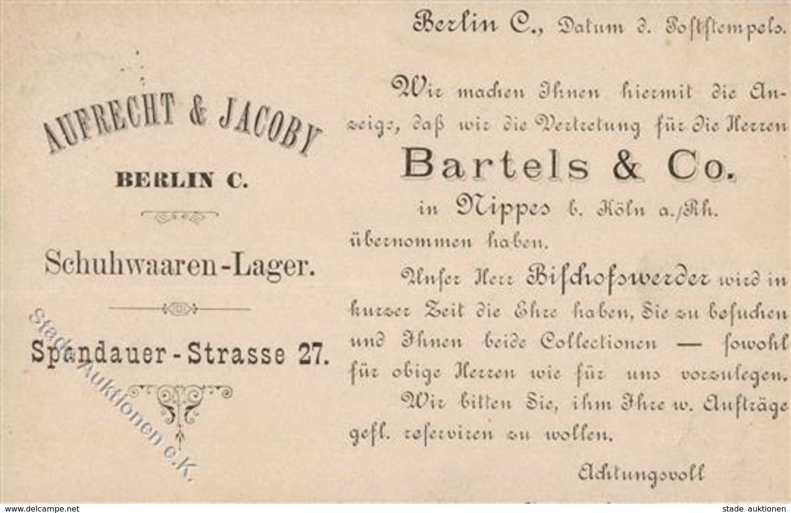 Vorläufer 1885 Aufrecht & Jacoby Schuhwaren Lager Berlin I-II - Sonstige & Ohne Zuordnung