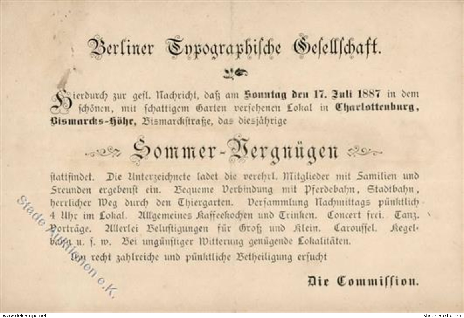 Vorläufer 1887 Berlin (1000) Typographische Gesellschaft Sommer Vergnügen II (fleckig, Postboten-Falz) - Autres & Non Classés