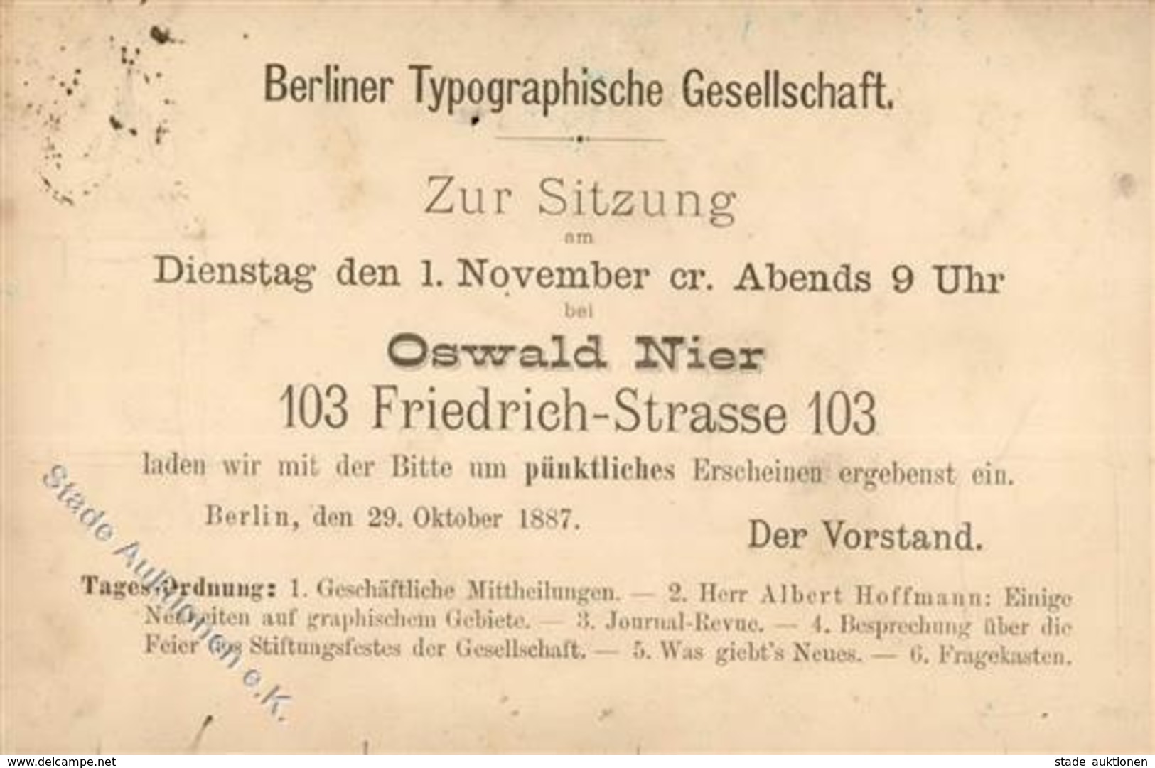 Vorläufer 1887 Berlin (1000) Typographische Gesellschaft Vereins Sitzung 1. November II (fleckig) - Autres & Non Classés