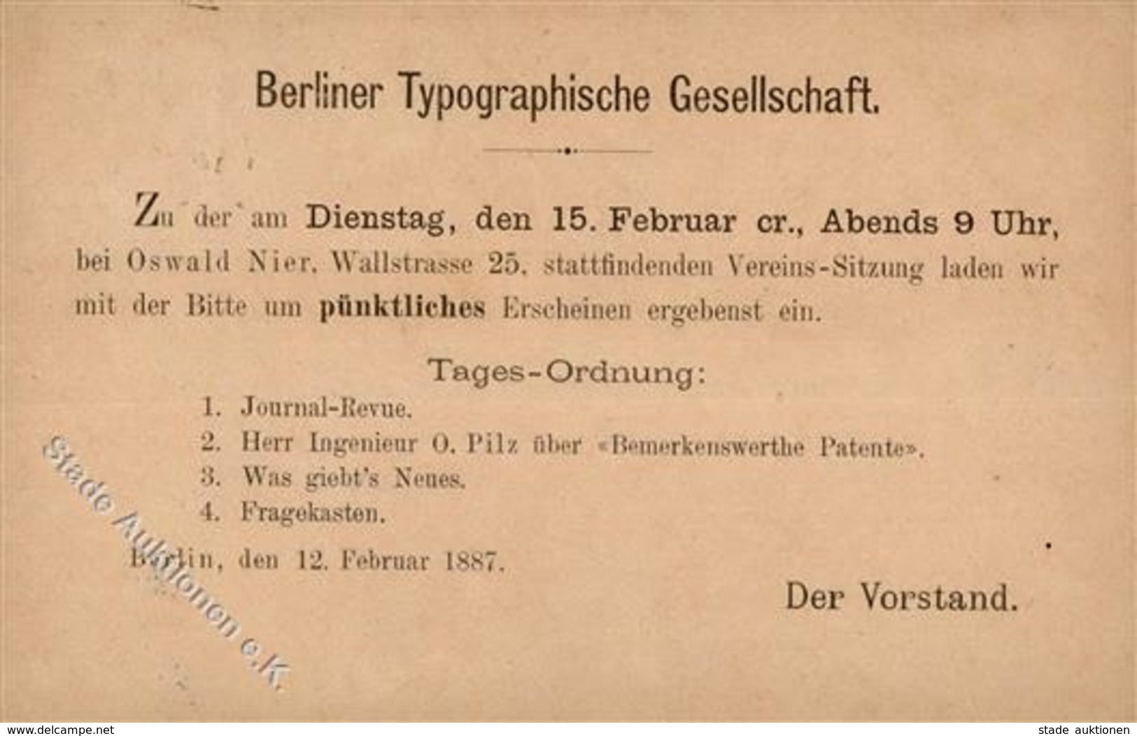 Vorläufer 1887 Berlin (1000) Typographische Gesellschaft Vereins Sitzung 12. Februar II (fleckig) - Other & Unclassified