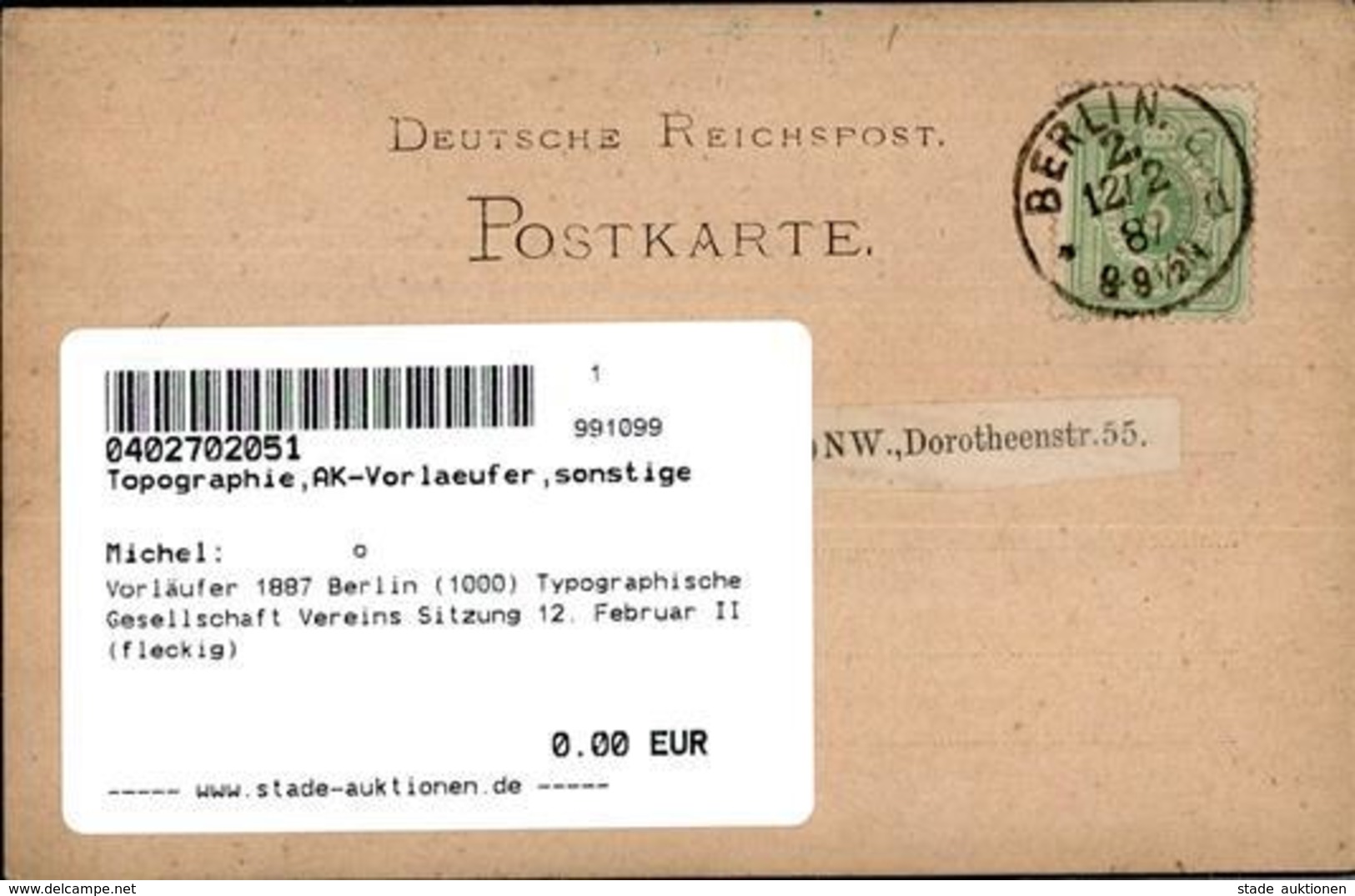 Vorläufer 1887 Berlin (1000) Typographische Gesellschaft Vereins Sitzung 12. Februar II (fleckig) - Autres & Non Classés
