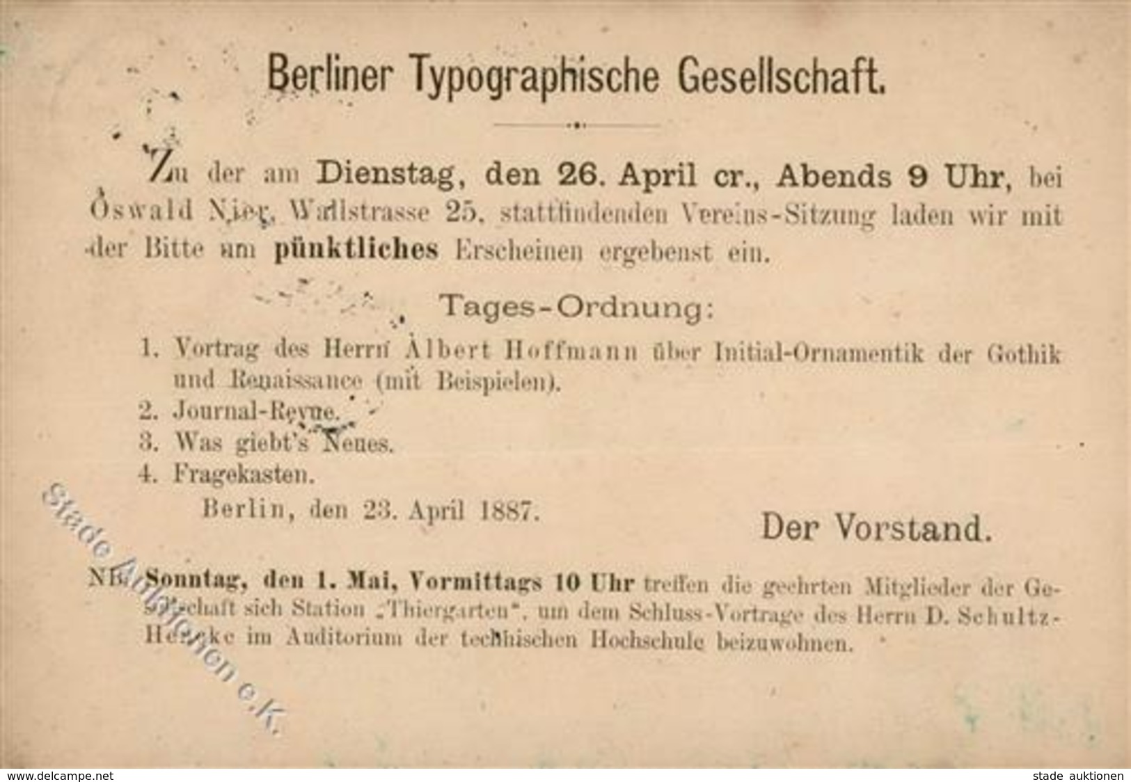 Vorläufer 1887 Berlin (1000) Typographische Gesellschaft Vereins Sitzung 23. April II (fleckig) - Autres & Non Classés