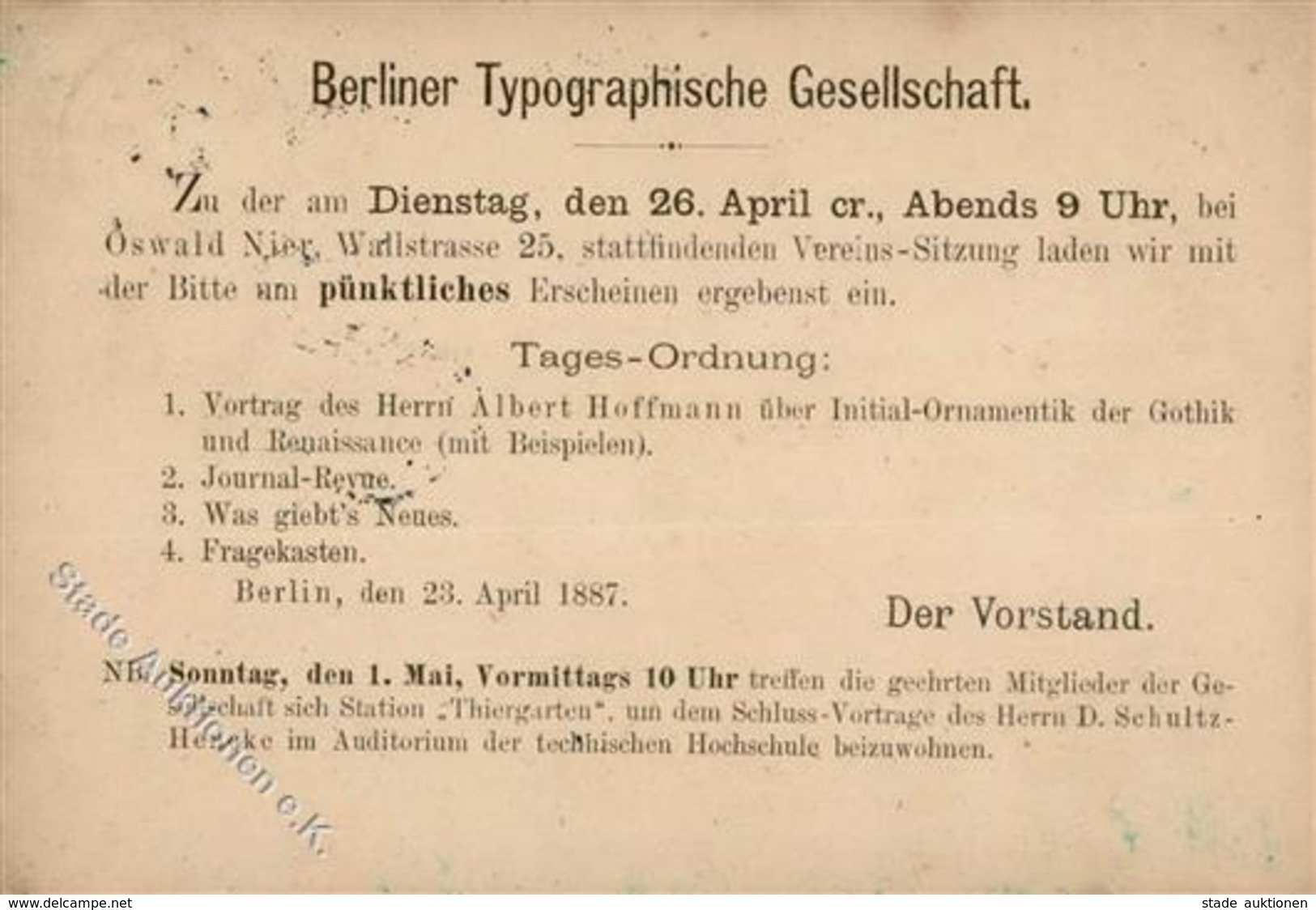 Vorläufer 1887 Berlin (1000) Typographische Gesellschaft Vereins Sitzung 23. April II (fleckig) - Other & Unclassified