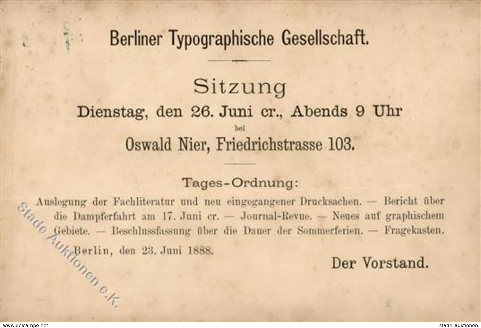 Vorläufer 1888 Berlin (1000) Typographische Gesellschaft Vereins Sitzung 23. Juni II (fleckig) - Sonstige & Ohne Zuordnung