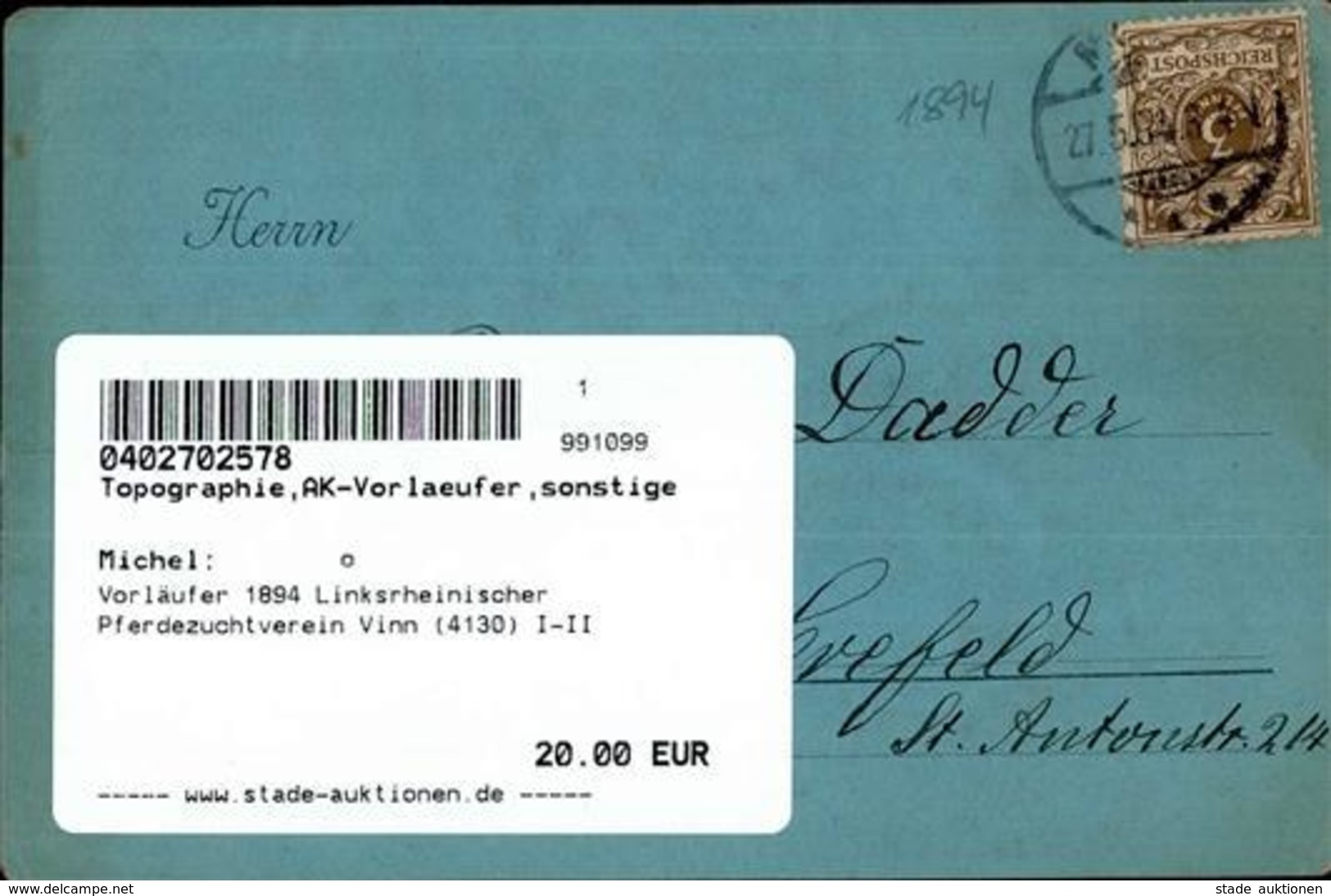 Vorläufer 1894 Linksrheinischer Pferdezuchtverein Vinn (4130) I-II - Sonstige & Ohne Zuordnung