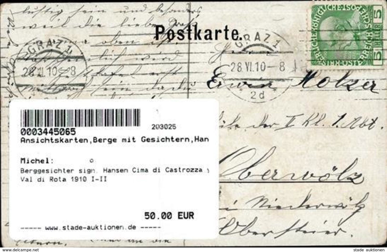 Berggesichter Sign. Hansen Cima Di Castrozza Y Val Di Rota 1910 I-II Face à La Montagne - Other & Unclassified