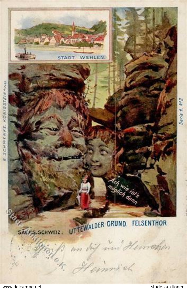 Berggesicht Uttewalder Grund Felsenthor Sign. Schmidt, W. Künstlerkarte 1898 I-II - Sonstige & Ohne Zuordnung