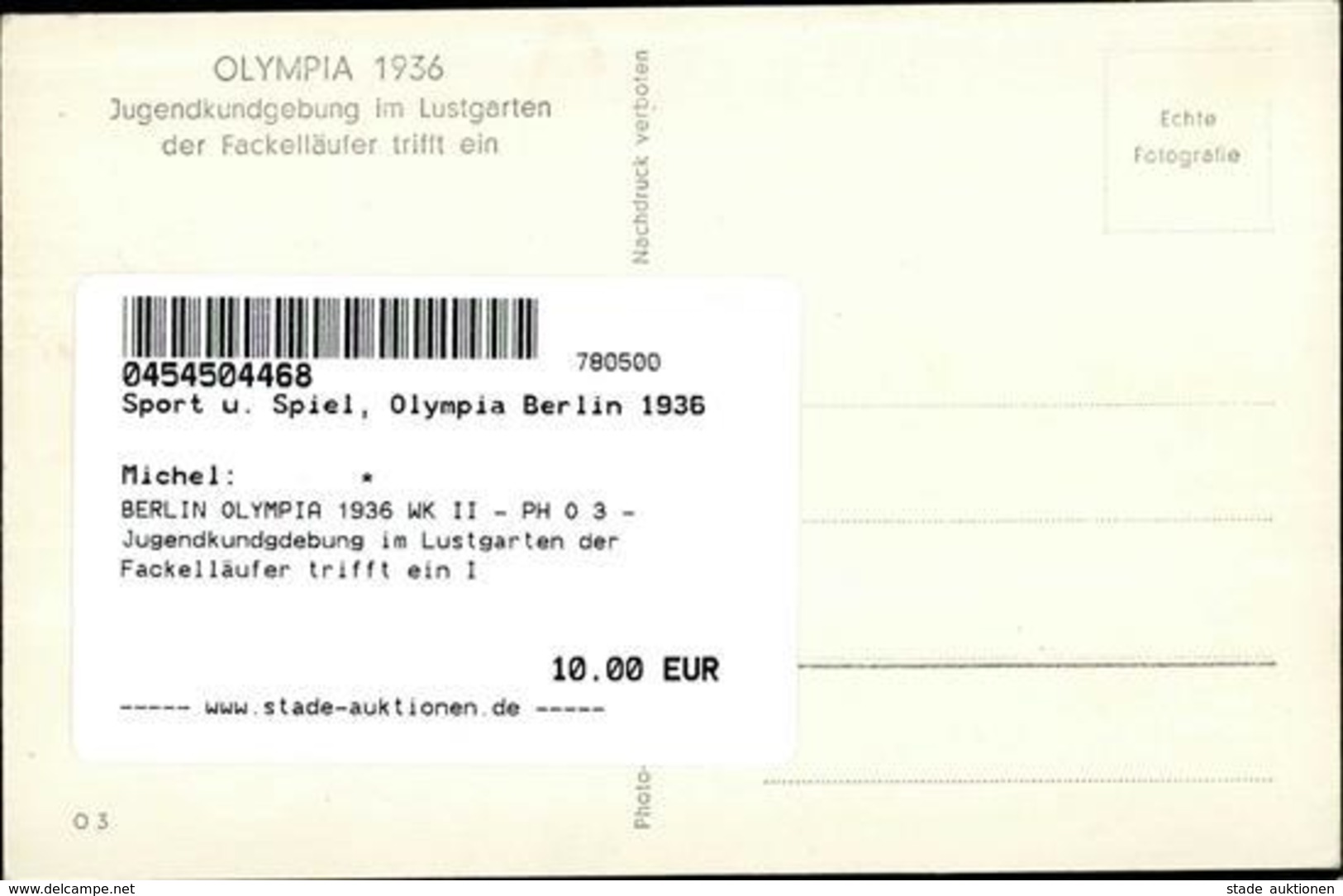 BERLIN OLYMPIA 1936 WK II - PH O 3 - Jugendkundgdebung Im Lustgarten Der Fackelläufer Trifft Ein I - Olympische Spiele