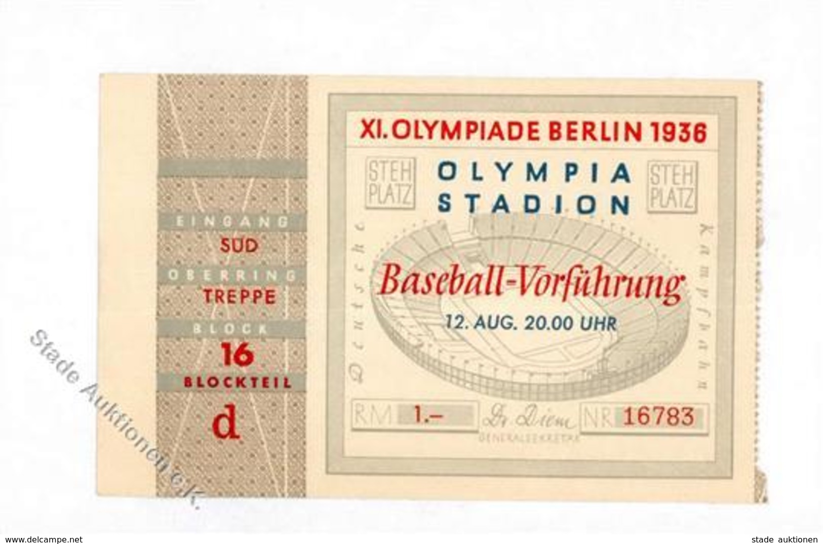 Olympiade 1936 Eintrittskarte Baseball Vorführung I-II - Olympische Spiele