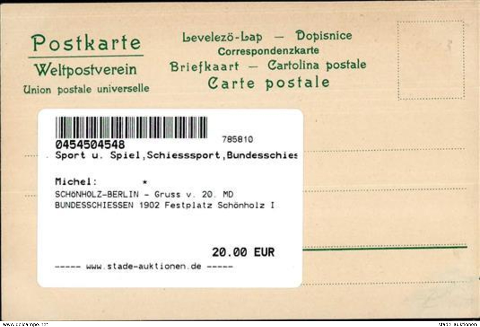 SCHÖNHOLZ-BERLIN - Gruss V. 20. MD BUNDESSCHIESSEN 1902 Festplatz Schönholz I Montagnes - Tir (Armes)