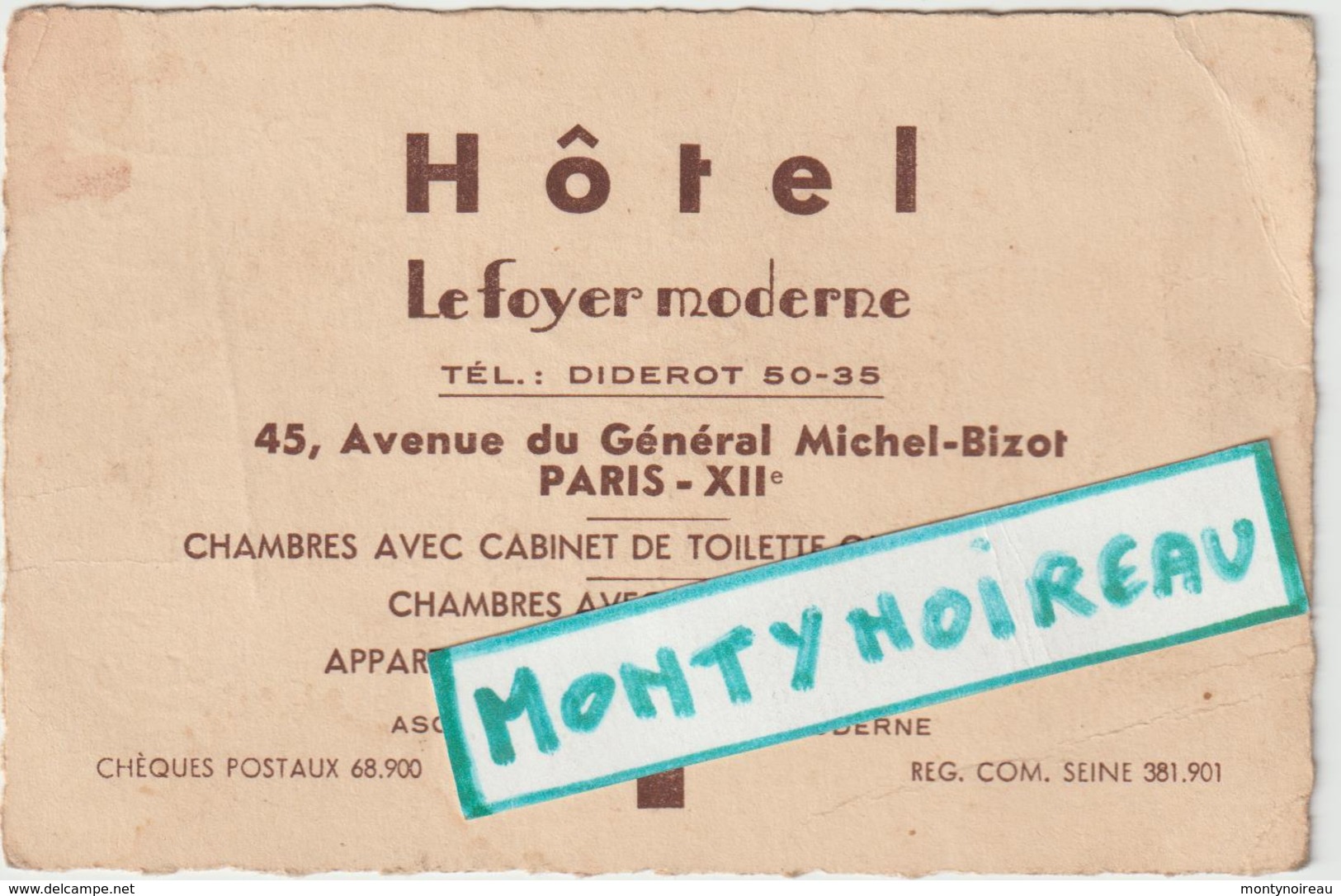 Vieux Papier : Carte : Hotel  Lefoyer Moderne à PARIS 12 Em - Cartes De Visite