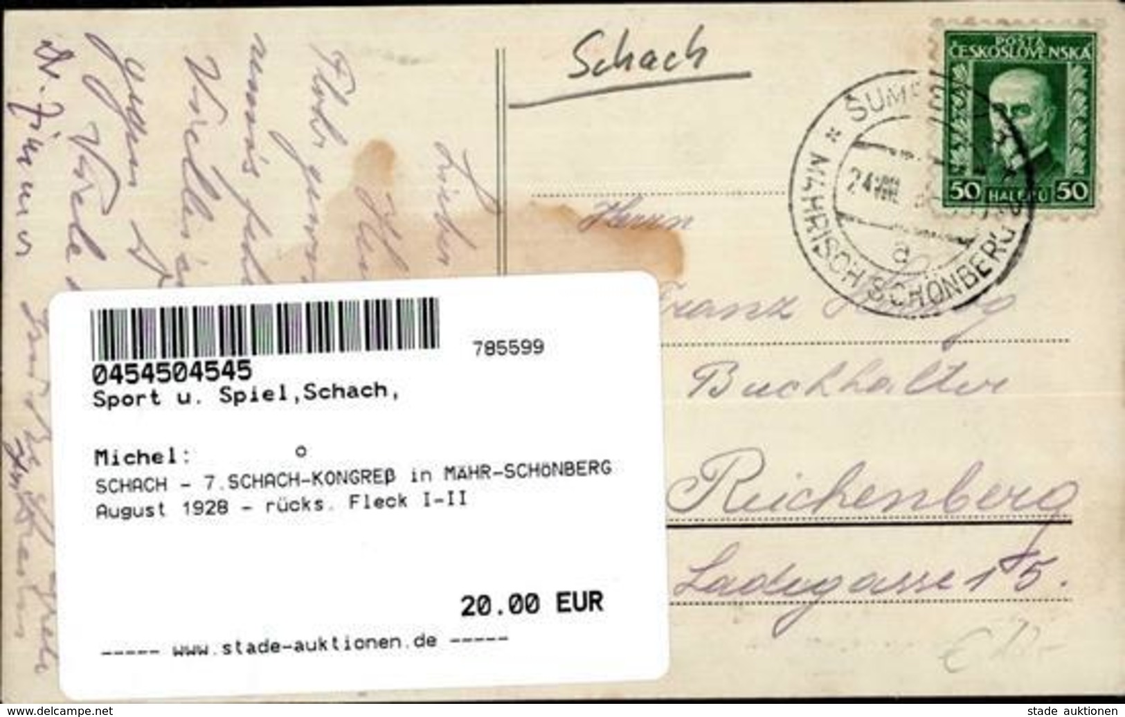 SCHACH - 7.SCHACH-KONGREß In MÄHR-SCHÖNBERG August 1928 - Rücks. Fleck I-II - Schach