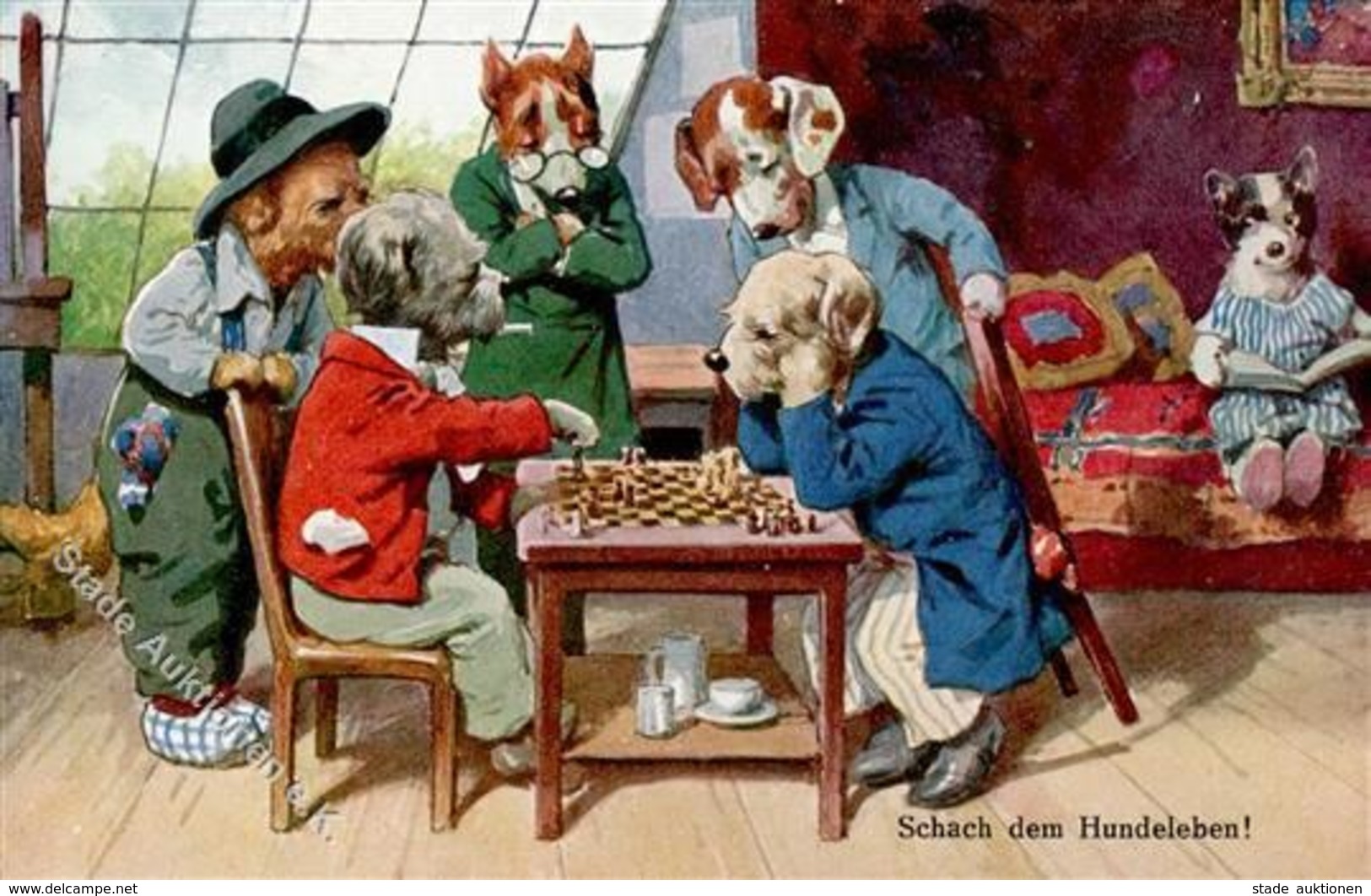 Schach Hunde Personifiziert Künstlerkarte I-II Chien - Schach