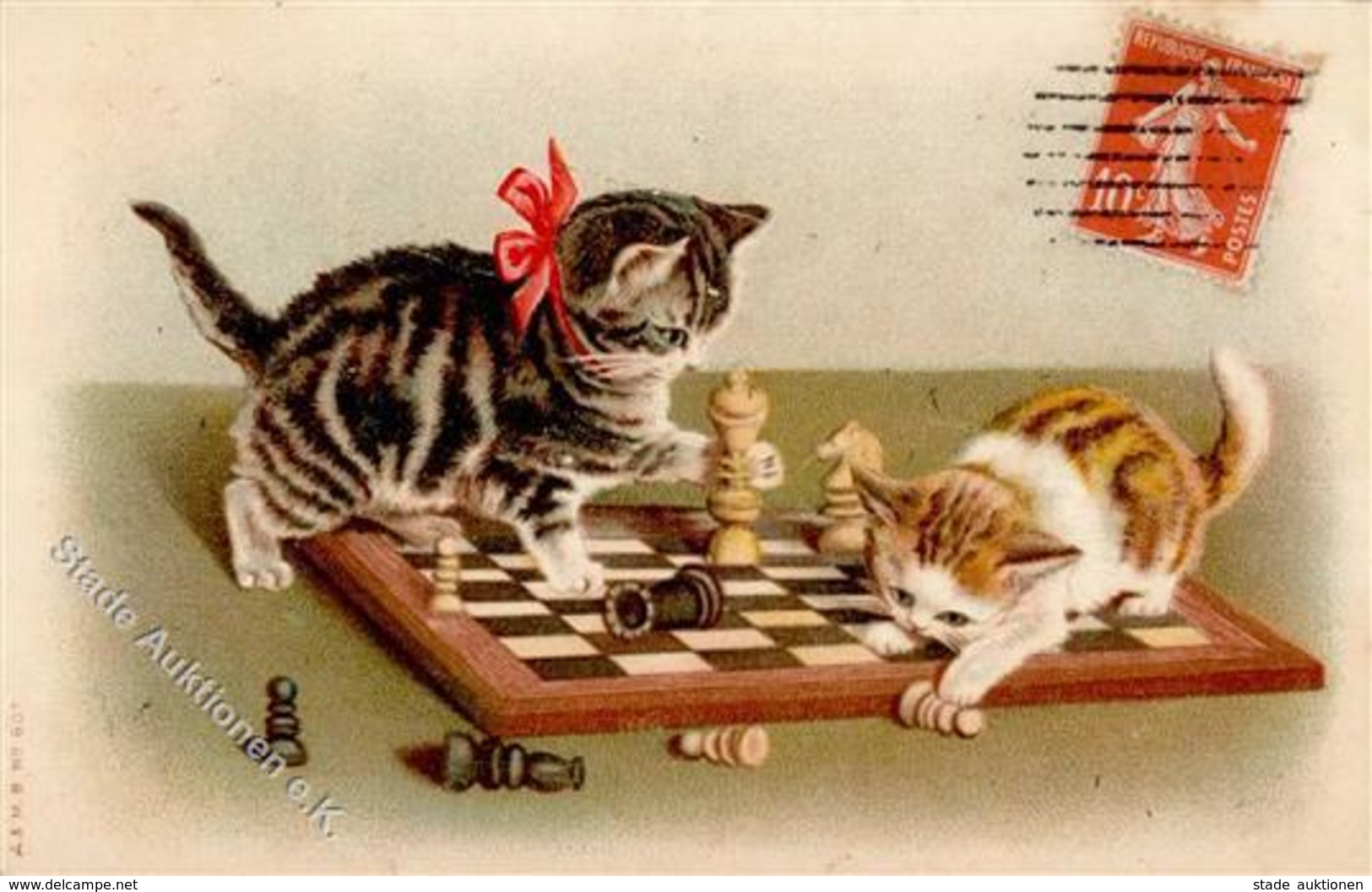 Schach Katzen  Künstlerkarte I-II Chat - Schach