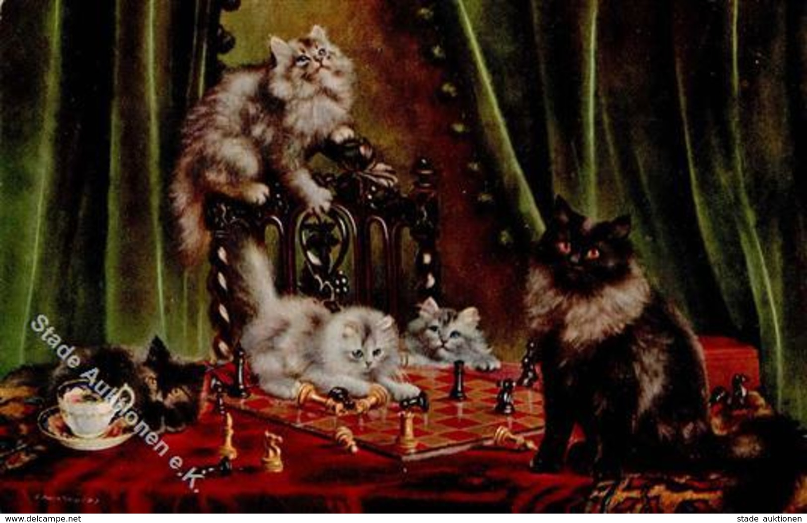Schach Katzen Künstlerkarte I-II Chat - Chess