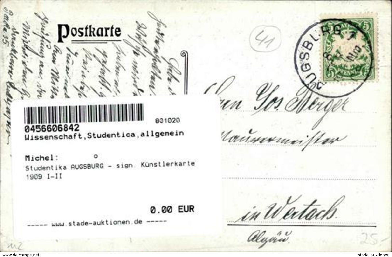 Studentika AUGSBURG - Sign. Künstlerkarte 1909 I-II - Other & Unclassified
