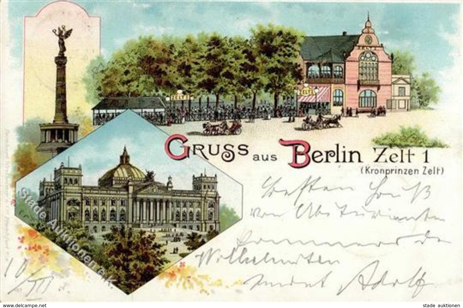 Berlin (1000) Gasthaus Kronprinzenzelt  Siegessäule Reichstag Lithographie 1900 I-II (Ecken Abgestoßen) - Kamerun