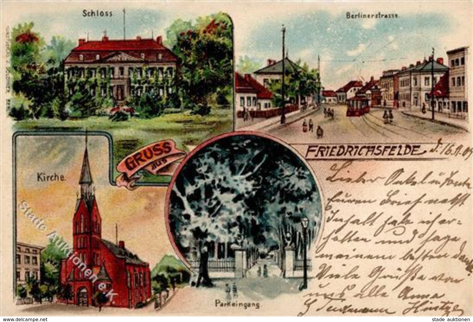Friedrichsfelde (1000) Straßenbahn Schloss Berliner Straße Kirche  1905 II- (Einriss) - Kamerun
