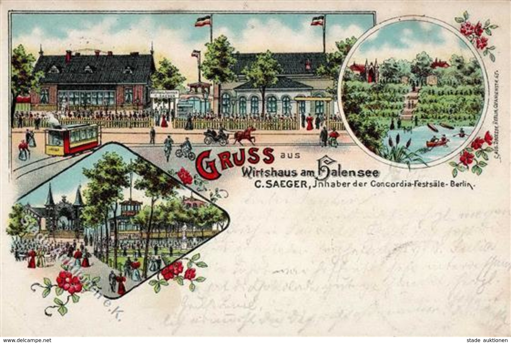 Halensee (1000) Gasthaus C. Saeger Straßenbahn  1897 II (Stauchung, RS Fleckig) - Kamerun