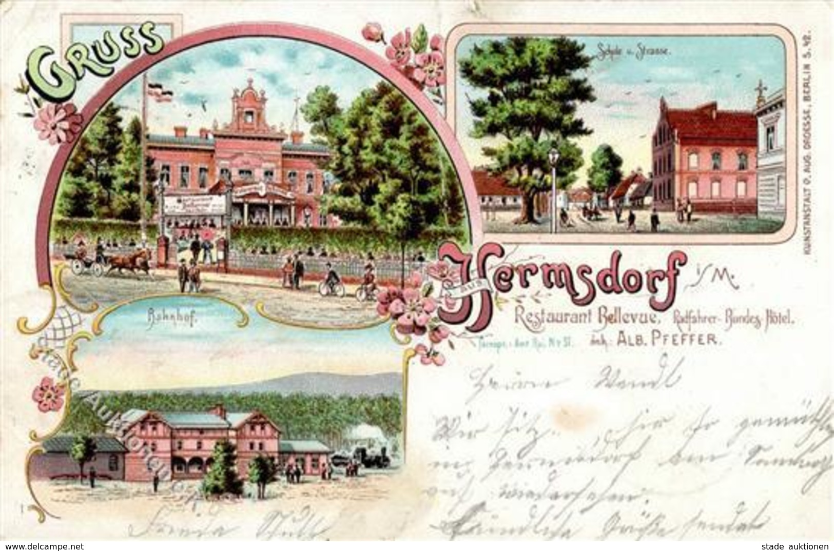 Hermsdorf (1000) Bahnhof Eisenbahn Gasthaus Bellevue Hotel A. Pfeffer  Lithographie 1901 II- (Mittelbug, Stauchung) Chem - Kamerun