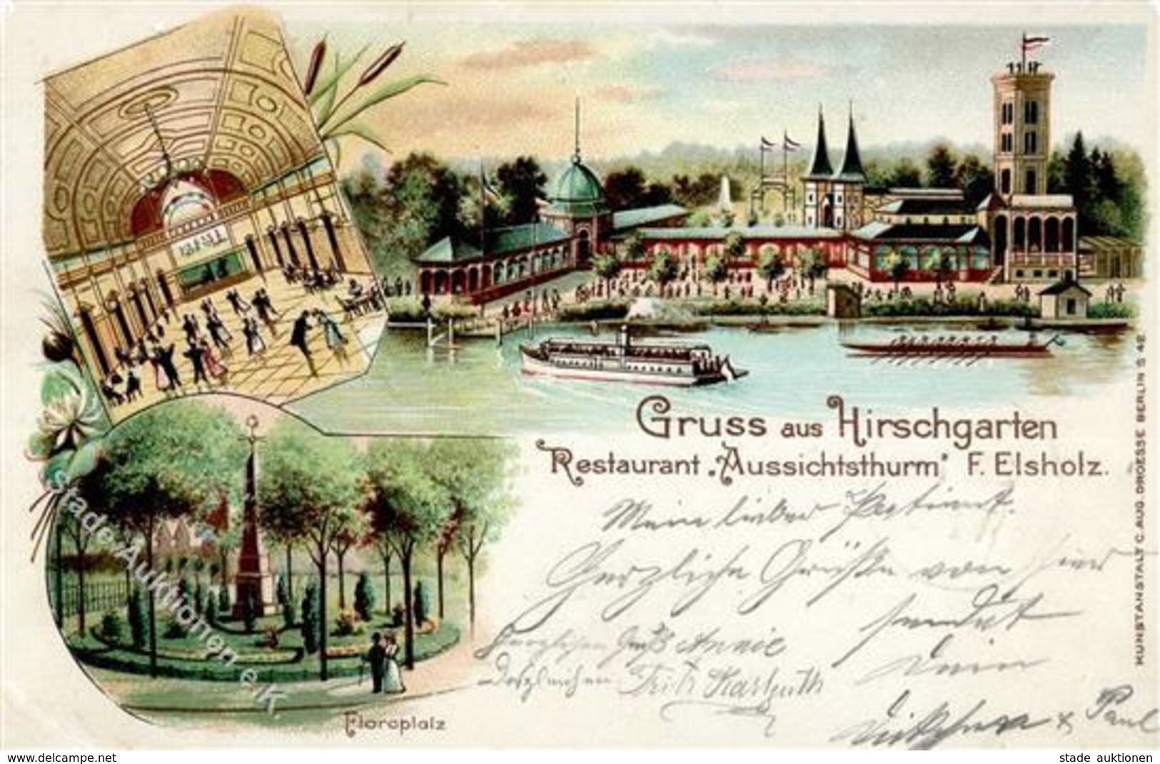 Berlin Friedrichshain (1000) Hirschgarten Gasthaus Aussichtsturm F. Elsholz Floraplatz  1901 II (Stauchung) - Kamerun