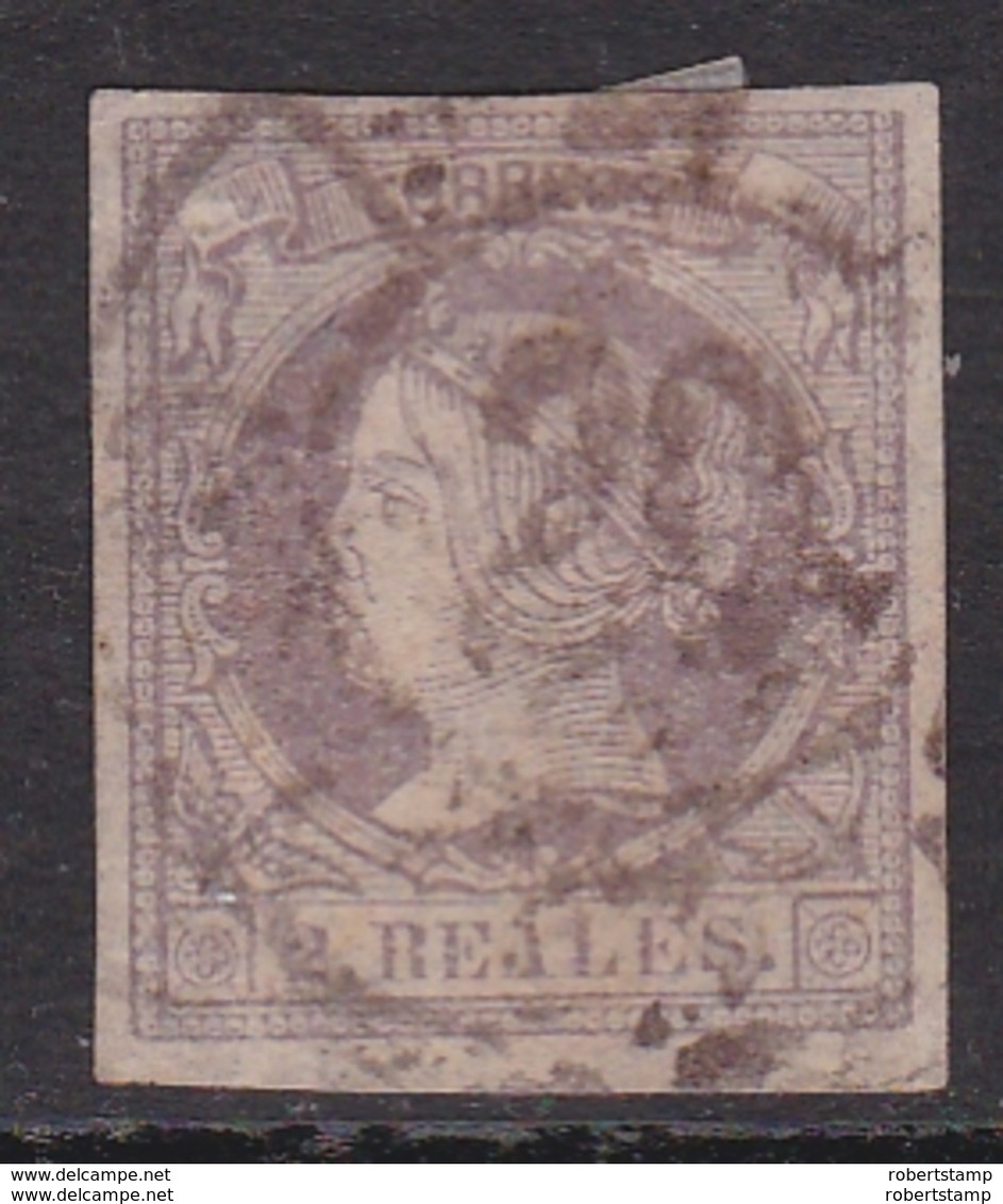 ESPAÑA 1860 - Isabel II Sello Usado 2 Reales Lila Edifil Nº 56 Rueda De Carreta Nº 20 De Bilbao - Oblitérés