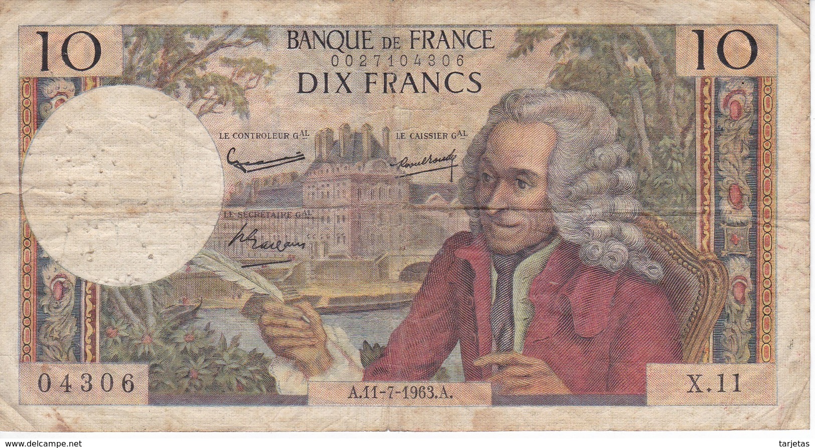 BILLETE DE FRANCIA DE 10 FRANCS DEL 11-7-1963 (BANKNOTE) VOLTAIRE - 10 F 1963-1973 ''Voltaire''