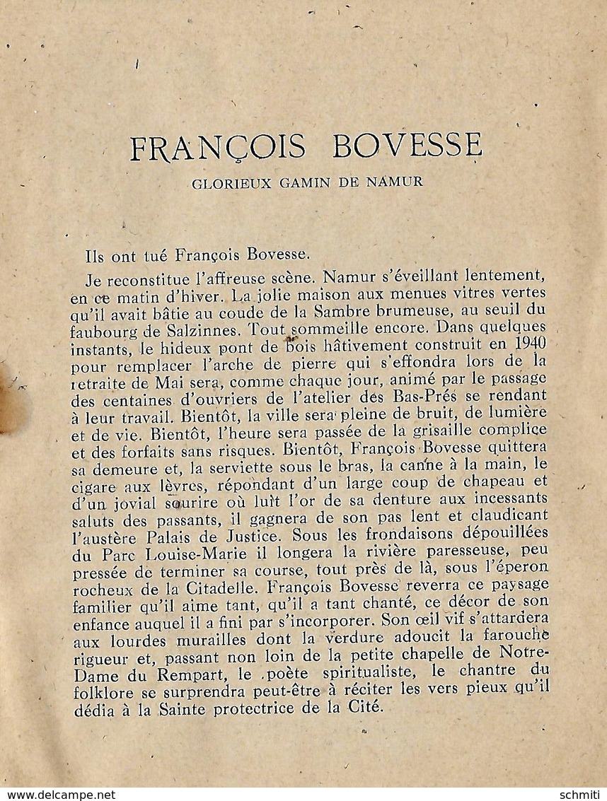 -Plaquette,Fr. BOVESSE,glorieux Gamin De Namur- 1944- Notes Et Souvenirs ,par Marc Delforge-20 Pages- Etat:complet,tache - Belgique