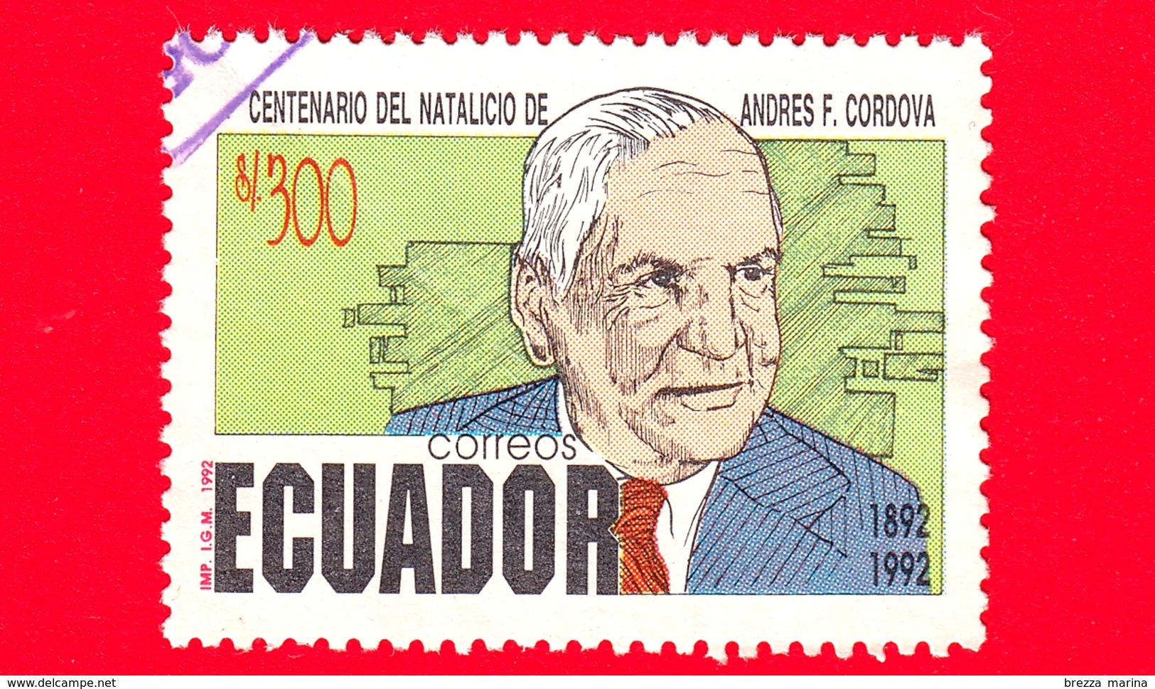 ECUADOR - Usato - 1992 - 100 Anni Della Nascita Di ANDRES F. CORDOVA - 300 - Ecuador