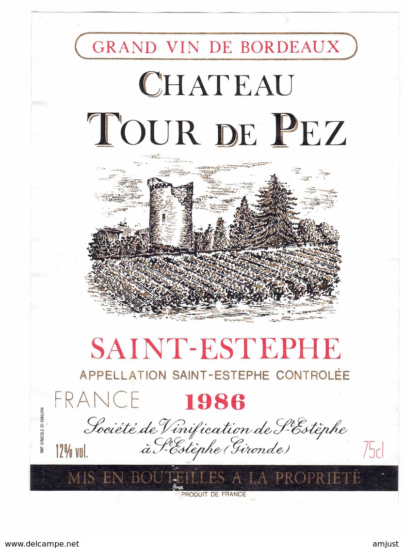 Rare Etiquette De Vin // Bordeaux // Château Tour De Pez // Saint-Estephe // 1986 - Bordeaux