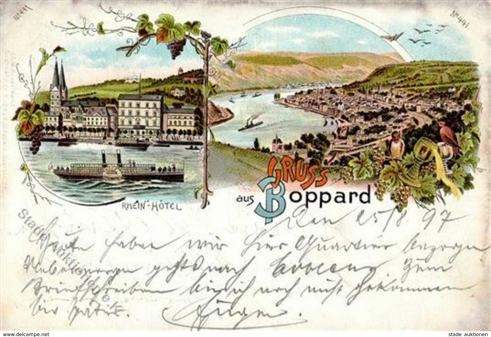 Boppard (5407) Gruss Aus, Farblitho, Rhein-Hotel, Ansicht, 5 Pf Reichspost Unten Anhängsel, DB BOPPARD 26.8.97" I-II" Mo - Kamerun