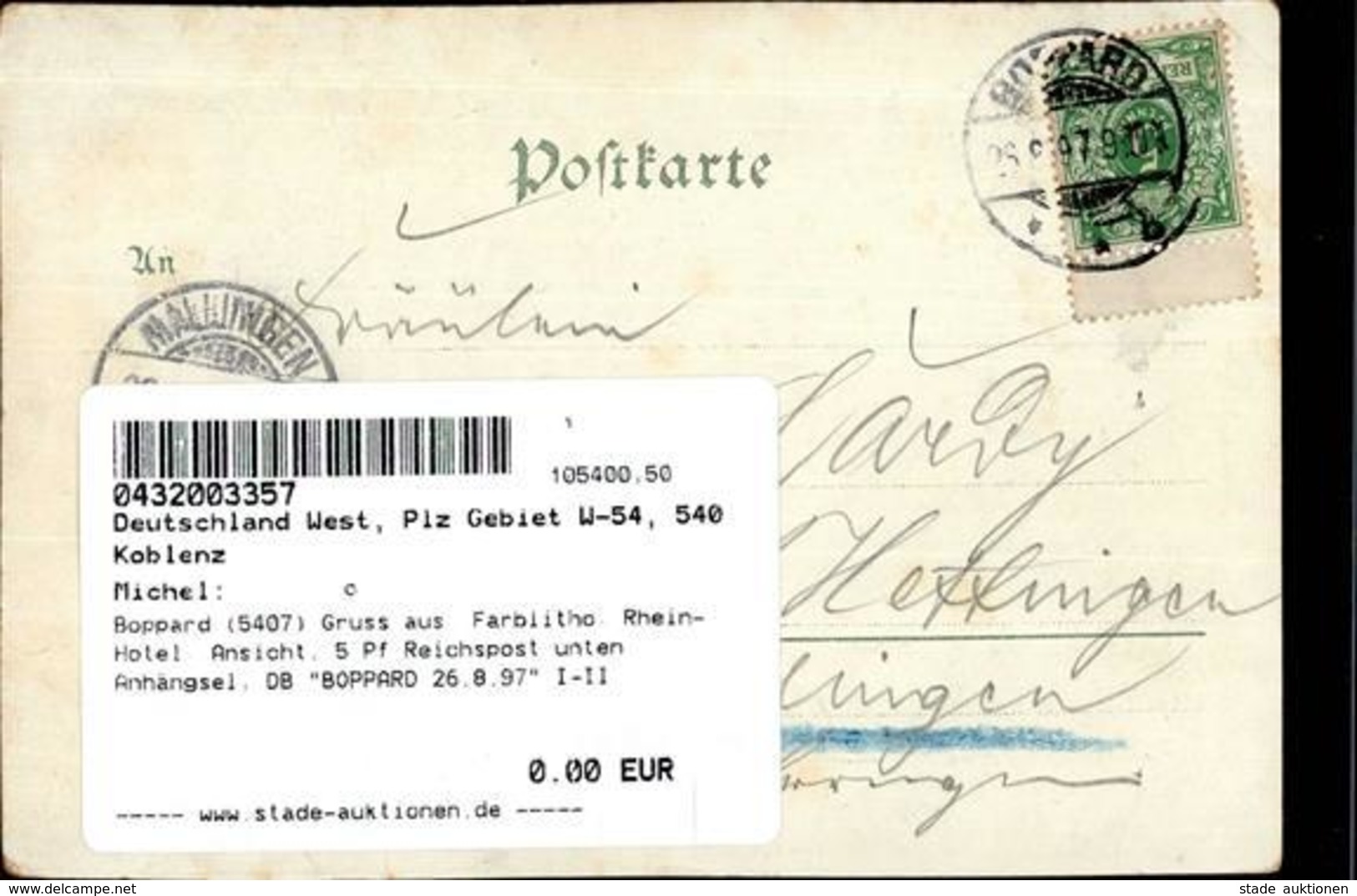 Boppard (5407) Gruss Aus, Farblitho, Rhein-Hotel, Ansicht, 5 Pf Reichspost Unten Anhängsel, DB BOPPARD 26.8.97" I-II" Mo - Kamerun