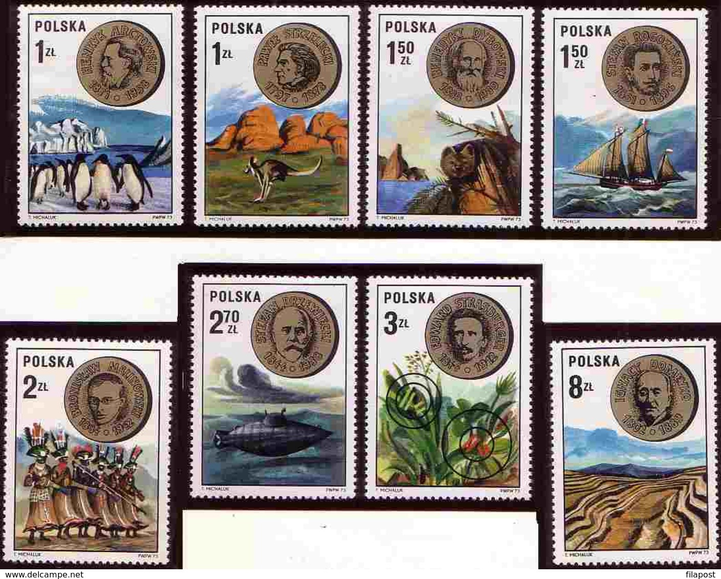 POLAND 1973 Mi 2281 - 2288 Polish Scientists, Antarctica Penguin, Australia Kangaroo, Andes Chile MNH** W1231 - Geografia